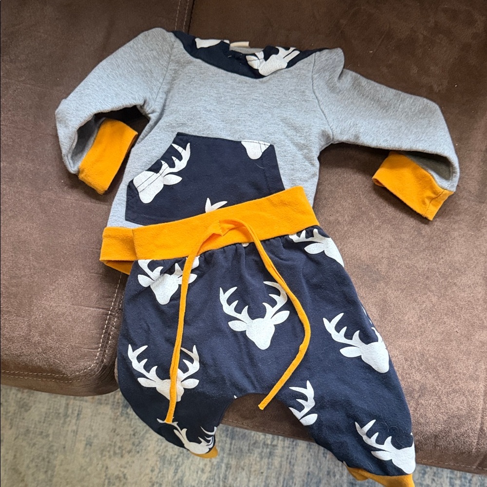 Gray and Navy Deer Print Baby Outfit